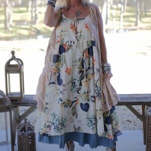 Jaded Gypsy Party at the Palms Floral Cotton Midi Tank Dress Flowy Boho OS